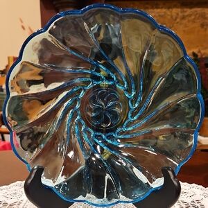 Hazel-Atlas Capri Blue Swirl Pattern Depression Glass Serving Bowl, UV Reactive